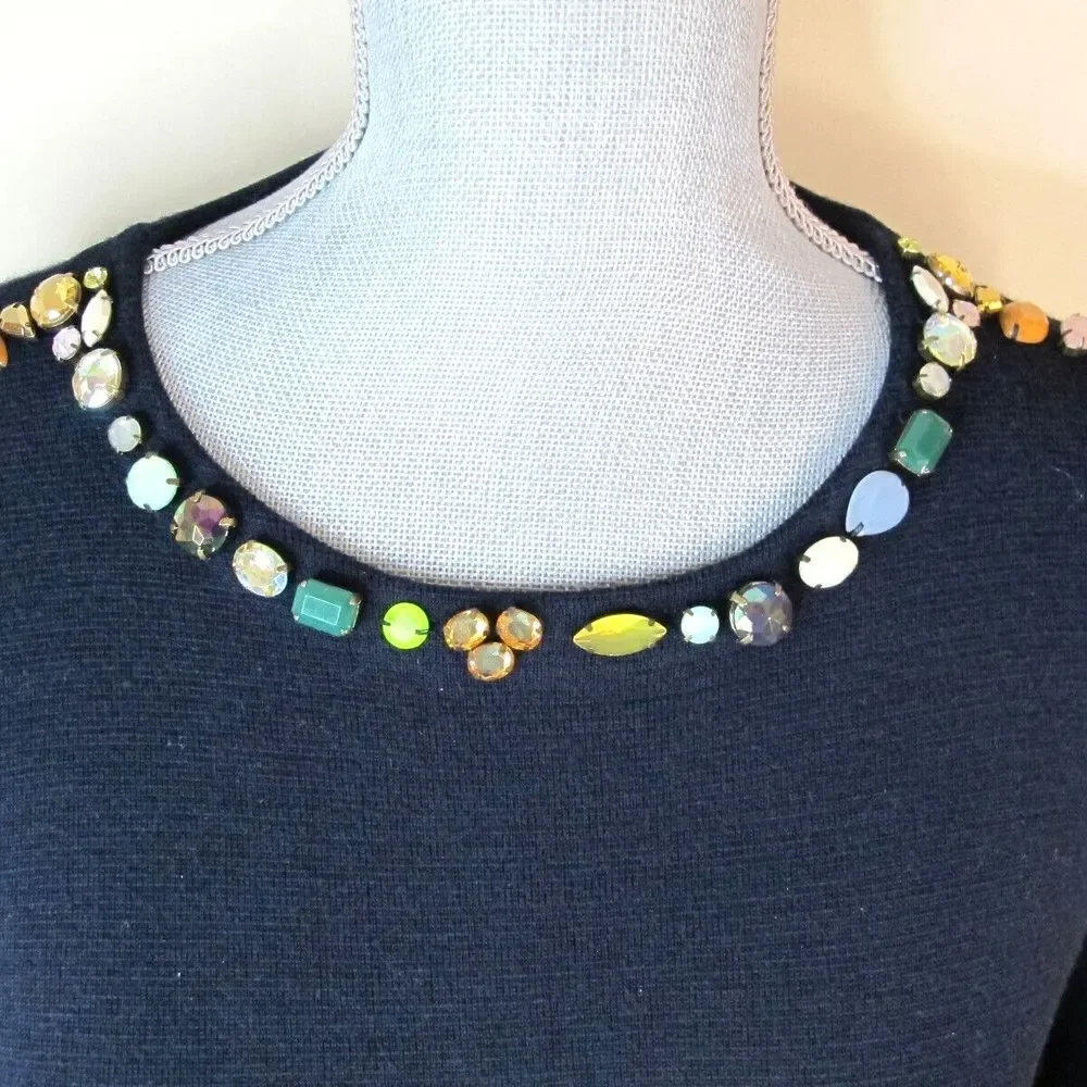 J. Crew‎ Sweater Women's Medium Blue Jeweled Merino Wool Blend Pullover